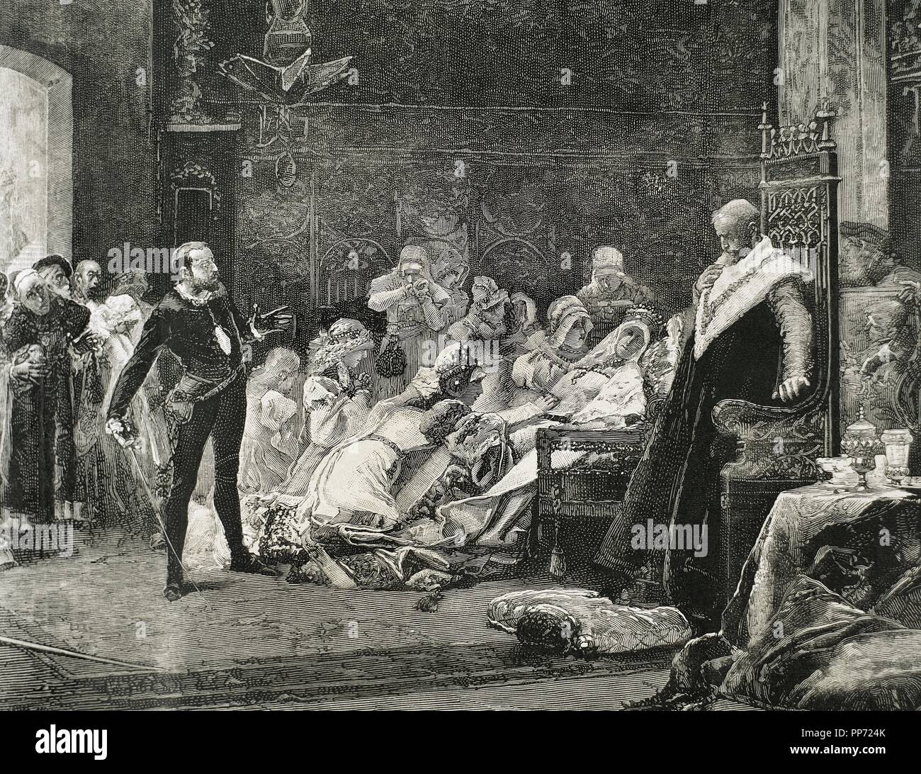 William Shakespeare (1564-1616). English writer. Hamlet. Queen Gertrude dies poisoned after drinking to the health of Hamlet for his victory in the duel with Laertes. Engraving after painting by Salvador Sanchez Barbudo 'The last scene of Hamlet,' 1884. Engraving, 19th century. Stock Photo