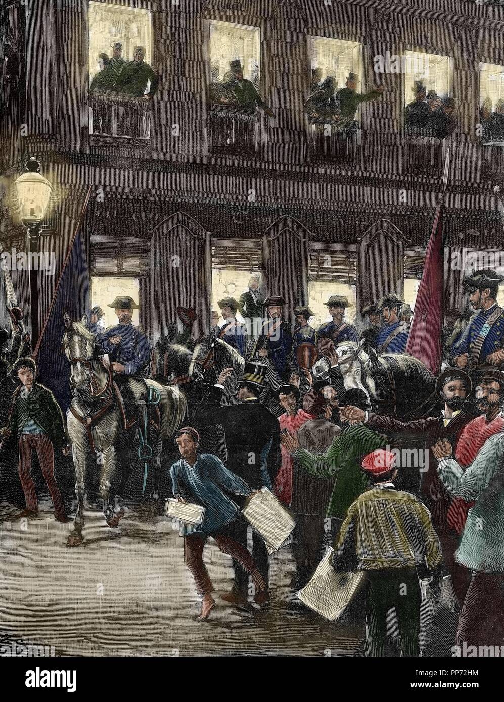 Spain. Reign of Alphonse XII. Conflict of the Caroline Islands, by the German contesting on the spanish sovereignty in the islands. Patriotic Protest in the Seville Street, Madrid. Engraving in The Spanish and American Illustration, 1885. Colored. Stock Photo