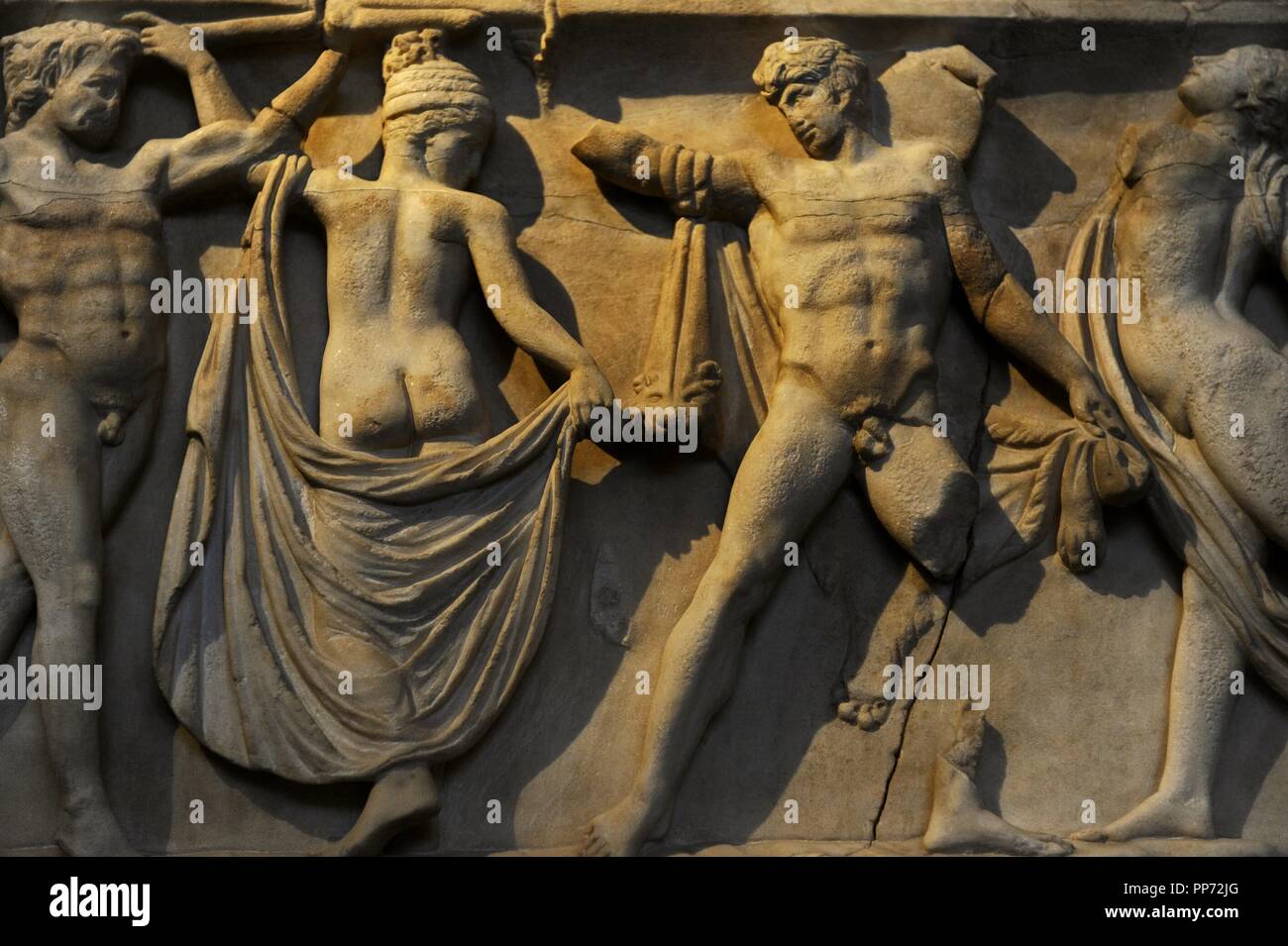 Front side of sarcophagus. Modern work after 2nd century AD originals. Marriage of Dionysus and Adriane. Detaiel. Glyptothek. Munich. Germany. Stock Photo