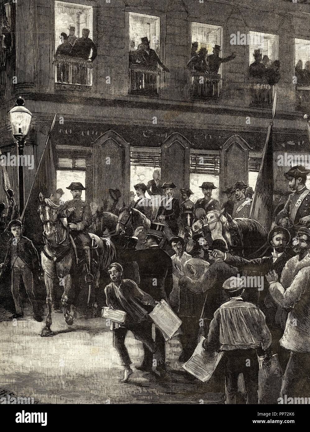 Spain. Reign of Alphonse XII. Conflict of the Caroline Islands, by the German contesting on the spanish sovereignty in the islands. Patriotic Protest in the Seville Street, Madrid. Engraving in The Spanish and American Illustration, 1885. Stock Photo