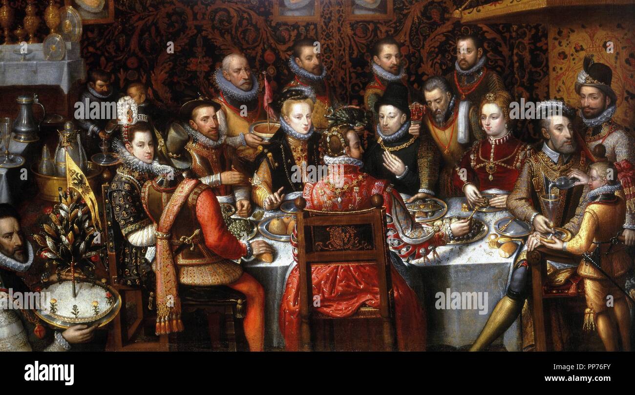 Felipe II en el banquete de los Monarcas/1596. Museum: MUSEO NACIONAL POZNAN POLONIA. Author: Sanchez Coello, Alonso. Stock Photo
