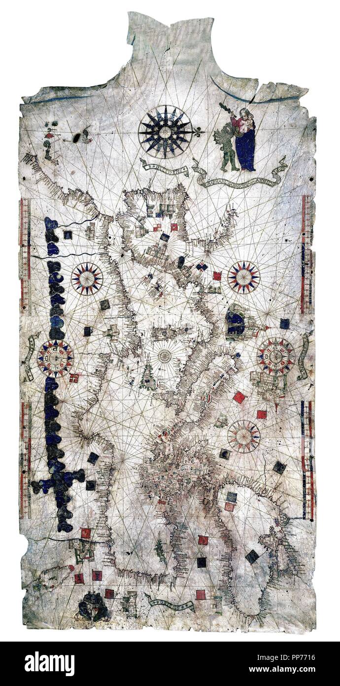 Mapas: Mapa del Mediteraneo - sobre piel del carnero/hacia 1550. Museum: BIBLIOTECA NACIONAL DE RUSIA SAN PETERS RUSIA. Stock Photo