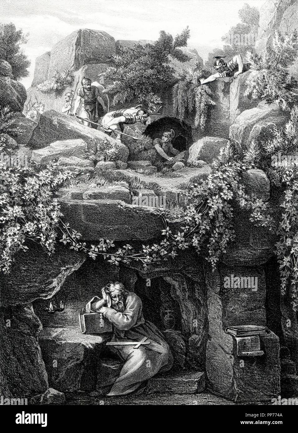 Historia. Arresto del ermitaño San Magín (San Máximo) en Tarragona, en el año 235. Grabado de 1871. Stock Photo