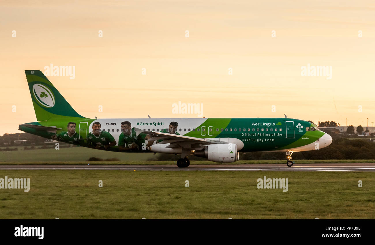 Cork Airport, Cork, Ireland. 24th September, 2018. Aer Lingus Airbus A320 in the livery of Irish Rugby taxiing on runway 16/34  prior to takeoff for Heathrow, London at Cork Airport, Ireland. Credit: David Creedon/Alamy Live News Stock Photo