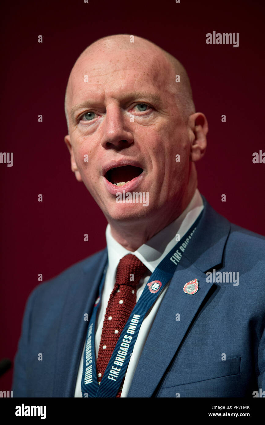 Liverpool, UK. 24th Sep, 2018. Matt Wrack, General Secretary of the Fire Brigades Union (FBU), speaks at the Labour Party Conference in Liverpool. Credit: Russell Hart/Alamy Live News Stock Photo