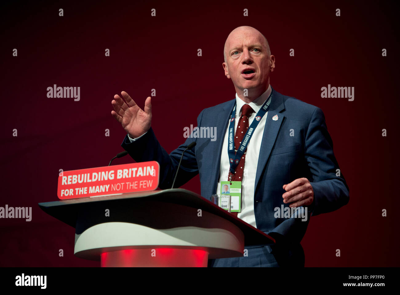 Liverpool, UK. 24th Sep, 2018. Matt Wrack, General Secretary of the Fire Brigades Union (FBU), speaks at the Labour Party Conference in Liverpool. Credit: Russell Hart/Alamy Live News Stock Photo