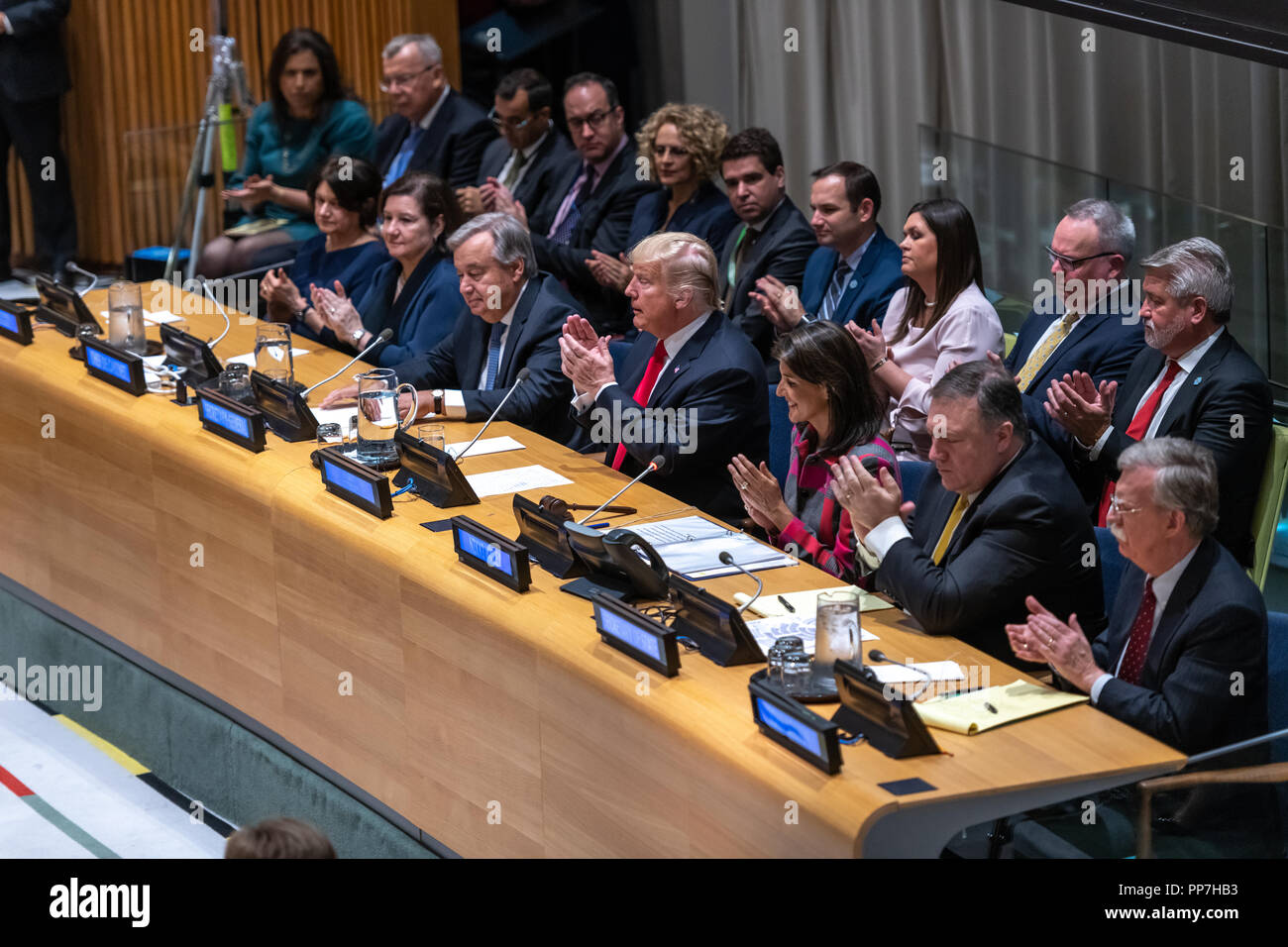 New York, USA, 24 September 2018. United Nations Secretary General António Guterres is applauded by the US President Donald Trump after addressing a high-level event on countering narcotics convened by the United States delegation at their headquarters in New York. Next to Tump are:  US Ambassador Nikki Haley, US Secretary of State Mike Pompeo and US National Security Adviser John Bolton. Trump presented his Global Call to Action on the World Drug Problem. Photo by Enrique Shore Credit: Enrique Shore/Alamy Live News Stock Photo
