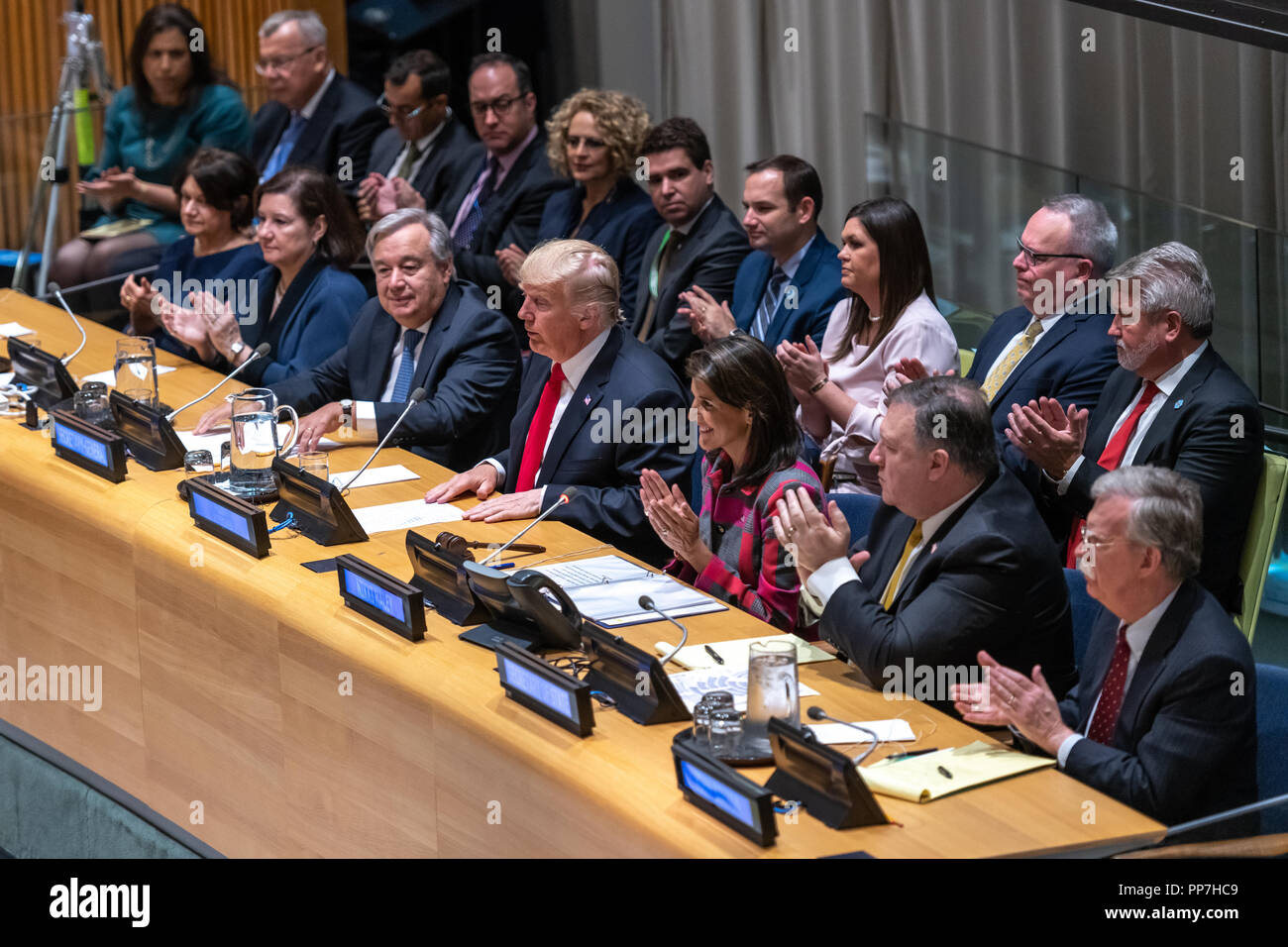 New York, USA, 24 September 2018. United Nations Secretary General António Guterres sits next to US President Donald Trump after addressing a high-level event on countering narcotics convened by the United States delegation at their headquarters in New York. Next to Trump are US Ambassador Nikki Haley, US Secretary of State Mike Pompeo and US National Security Adviser John Bolton. Trump presented his Global Call to Action on the World Drug Problem. Photo by Enrique Shore Credit: Enrique Shore/Alamy Live News Stock Photo