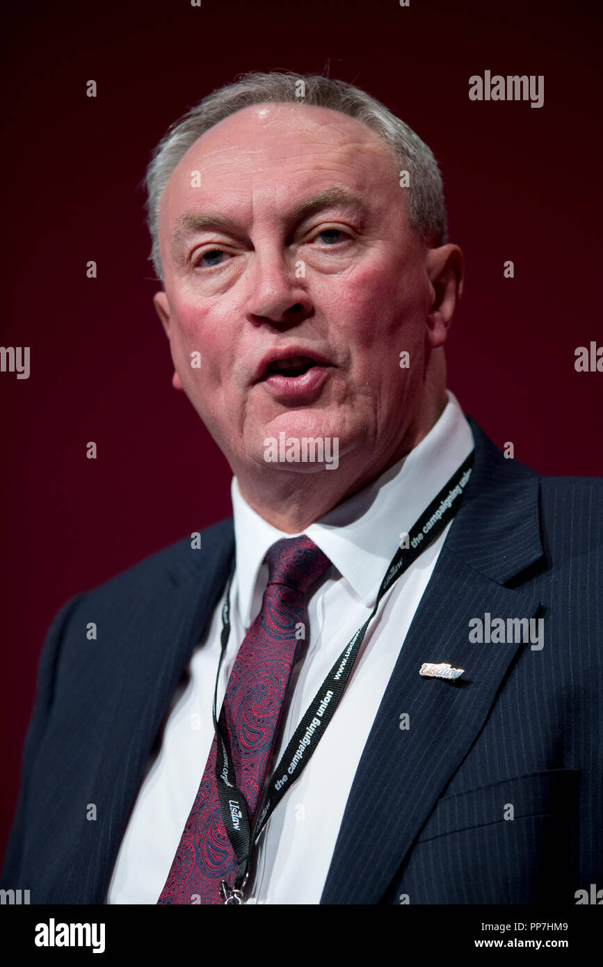 Liverpool, UK. 24th September 2018. Paddy Lillis, General Secretary of USDAW, speaks at the Labour Party Conference in Liverpool. © Russell Hart/Alamy Live News. Stock Photo