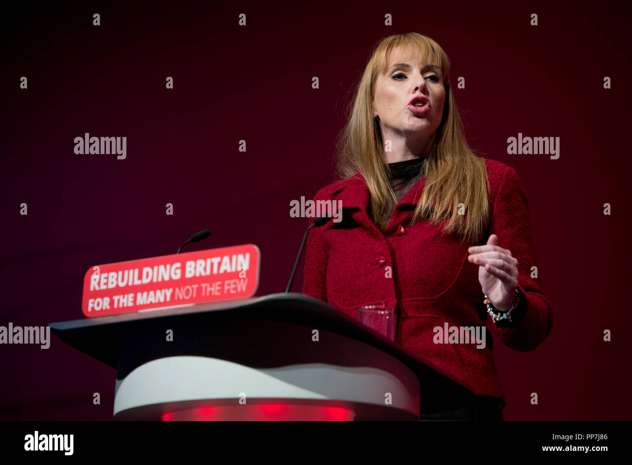 Liverpool, UK. 24th September 2018. Angela Rayner, Shadow Secretary of State for Education, and Labour MP for Ashton-under-Lyne speaks at the Labour Party Conference in Liverpool. © Russell Hart/Alamy Live News. Stock Photo