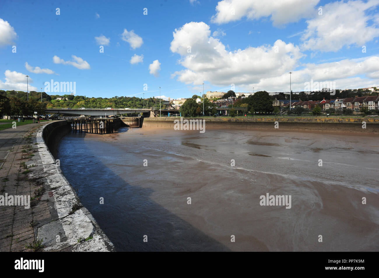 Bristol, UK. 24th September . From the mouth of the River Avon the Cumberland Basin Entrance to Bristol's floating Harbour is seen Empty of water and drained and controlled by lock gates, for it check ups every so often for unnecessary rubbish and objects and to help remove the build up of Silt. Robert Timoney/Alamy/live/News Stock Photo