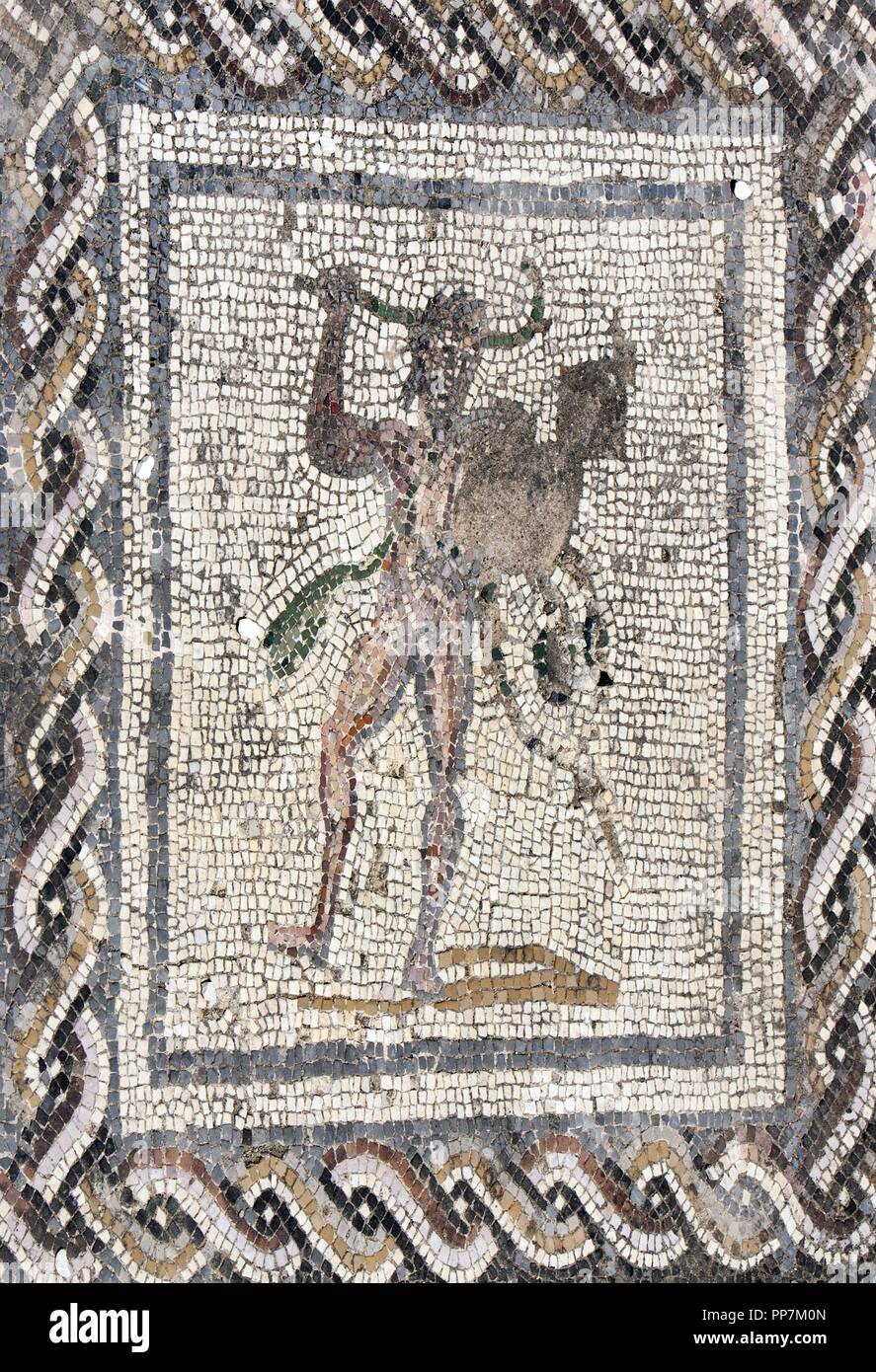 Spain. Italica. Roman city founded c. 206 BC. House of the Planetarium. Mosaic of Bacchus and Ariadne. Detail of Satyr. Andalusia. Stock Photo