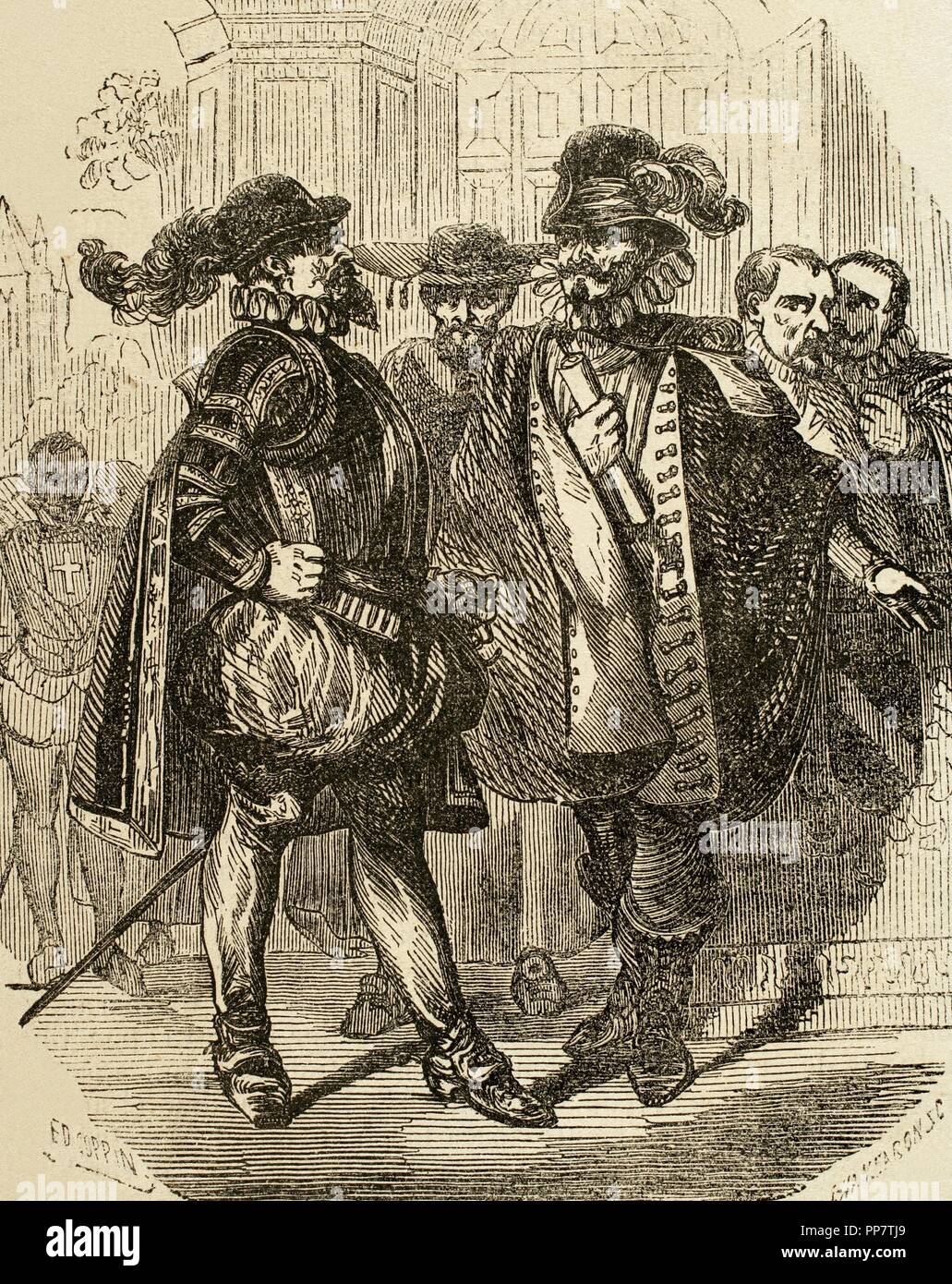 Charles of Lorraine, Duke of Mayenne (1554-1611). French nobleman. Engraving depicting meeting between the Duke of Mayenne and the Spanish envoys. 19th century. Stock Photo