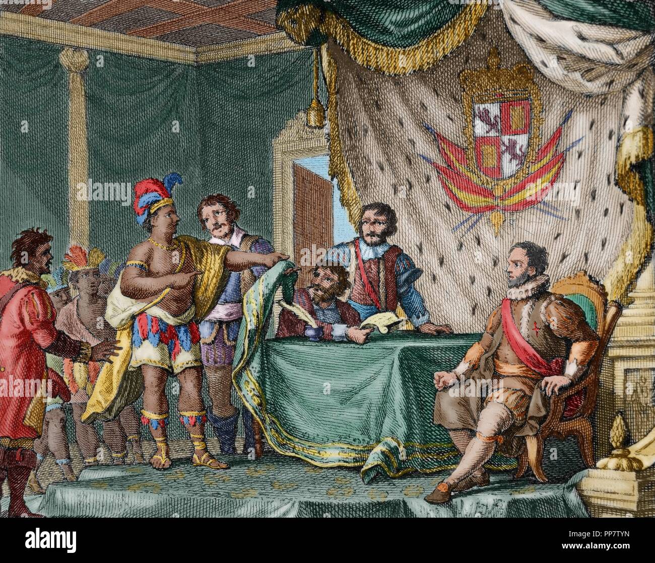 Submission of Inca's king Sayri Tupac to Don Hurtado de Mendoza, Viceroy of Peru. Engraving, 1807. Colored. Stock Photo