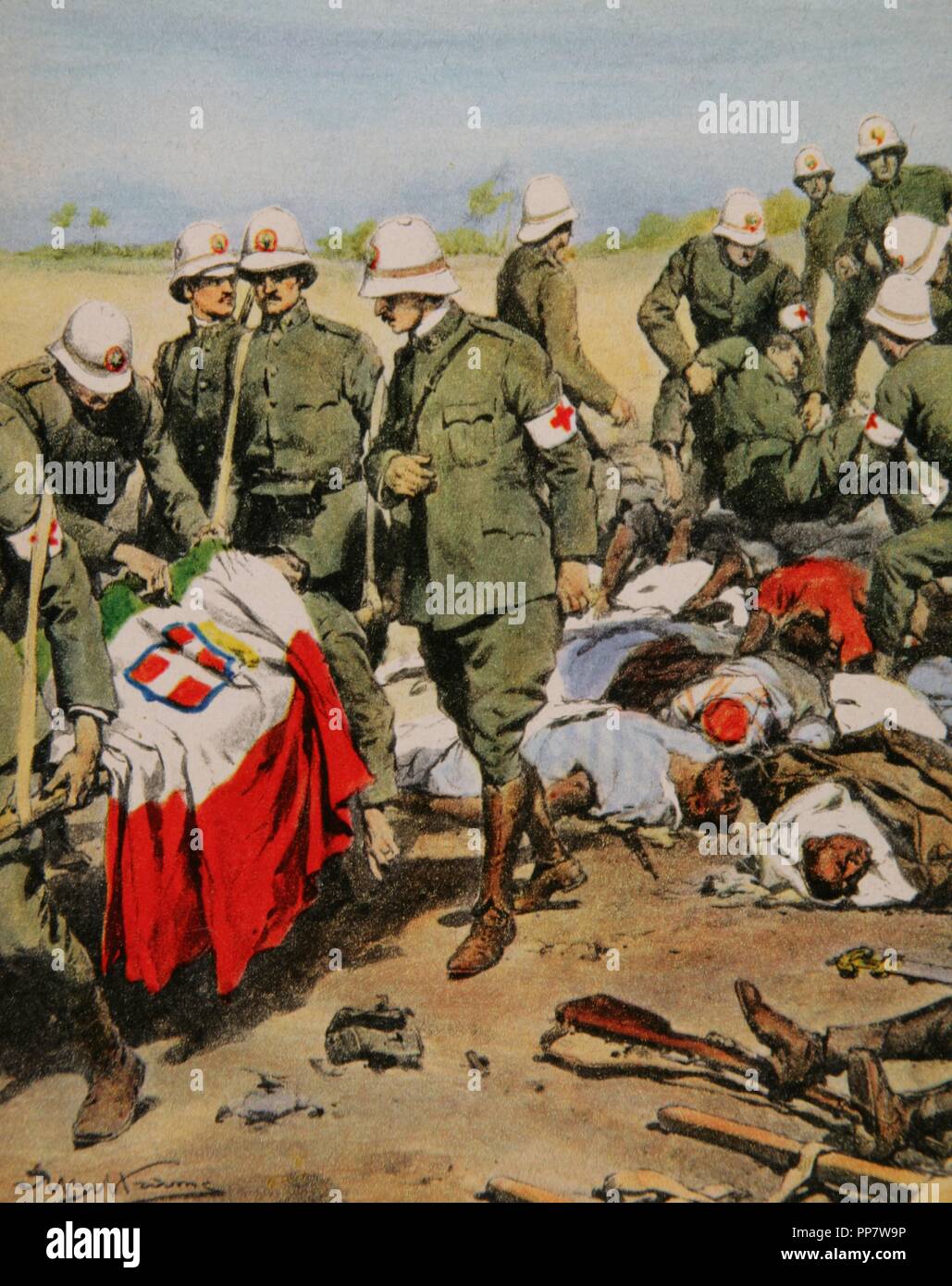 War of Libya or Italo-Turkish War (1911-1912). Conflict between the Ottoman Empire and the Kingdom of Italy. The bodies of the lieutenants Solaroli and Granafei, who fell on October 26, 1911. Engraving of La Domenica del Corriere, Italy. Stock Photo