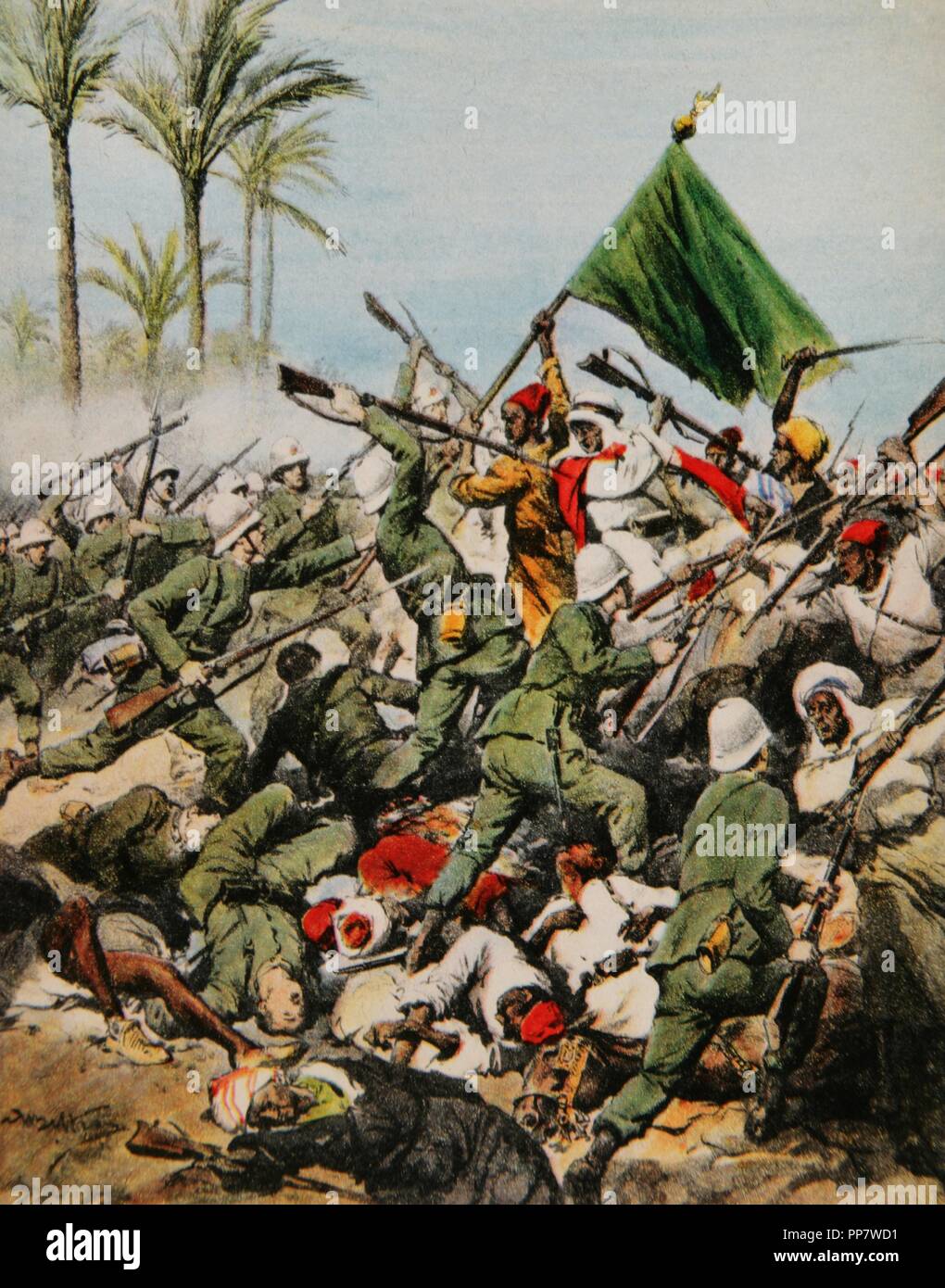 War of Libya or Italo-Turkish War (1911-1912). Conflict between the Ottoman Empire and the Kingdom of Italy. Attack of the Arabs to the Italian positions, Kemal Bey, Libya. Engraving of La Domenica del Corriere, Italy. Stock Photo