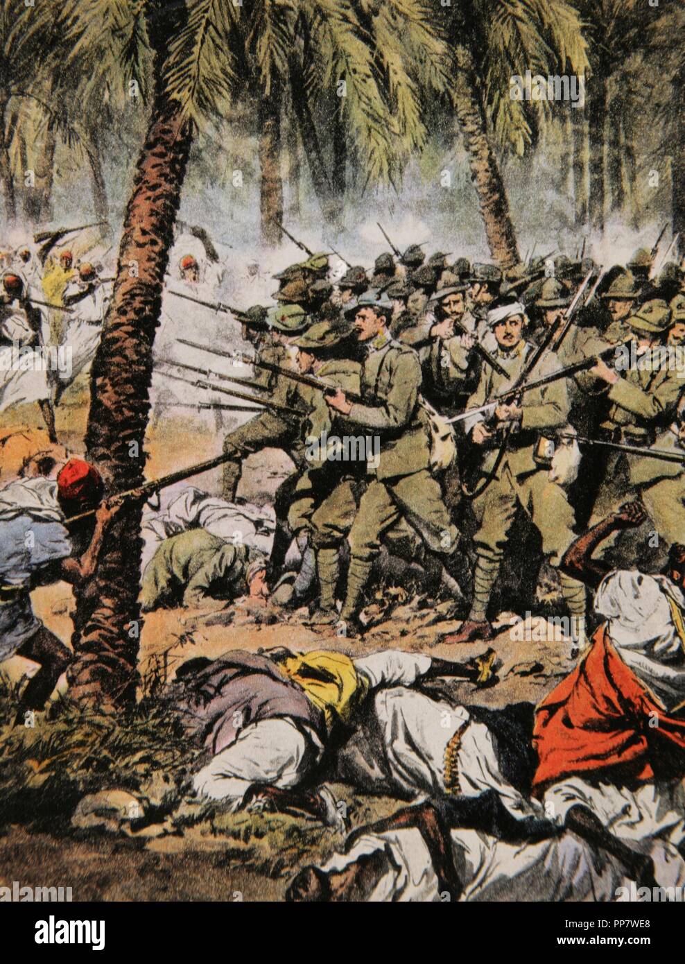 War of Libya or Italo-Turkish War (1911-1912). Conflict between the Ottoman Empire and the Kingdom of Italy. Occupation of Misurata. July 8, 1912. Engraving of La Domenica del Corriere, Italy. Stock Photo