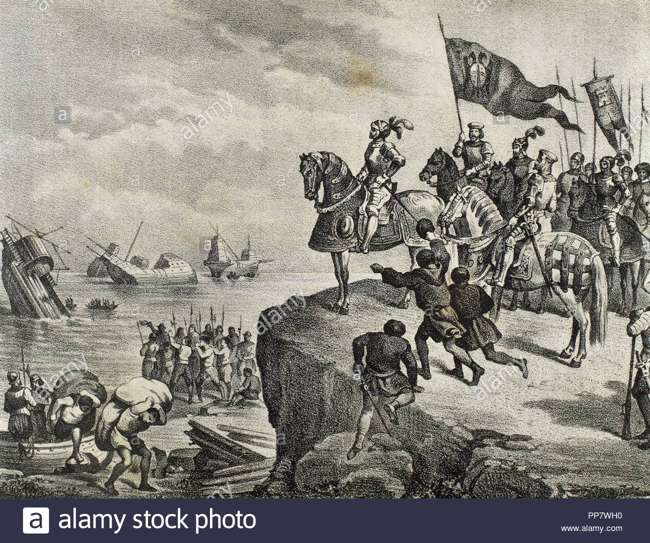 Conquest of Mexico, 1519. Hernan Cortes (1488-1547), Spanish conqueror of Mexico, defeats the Indians who oppose his landing. Engraving in "Historia de ...