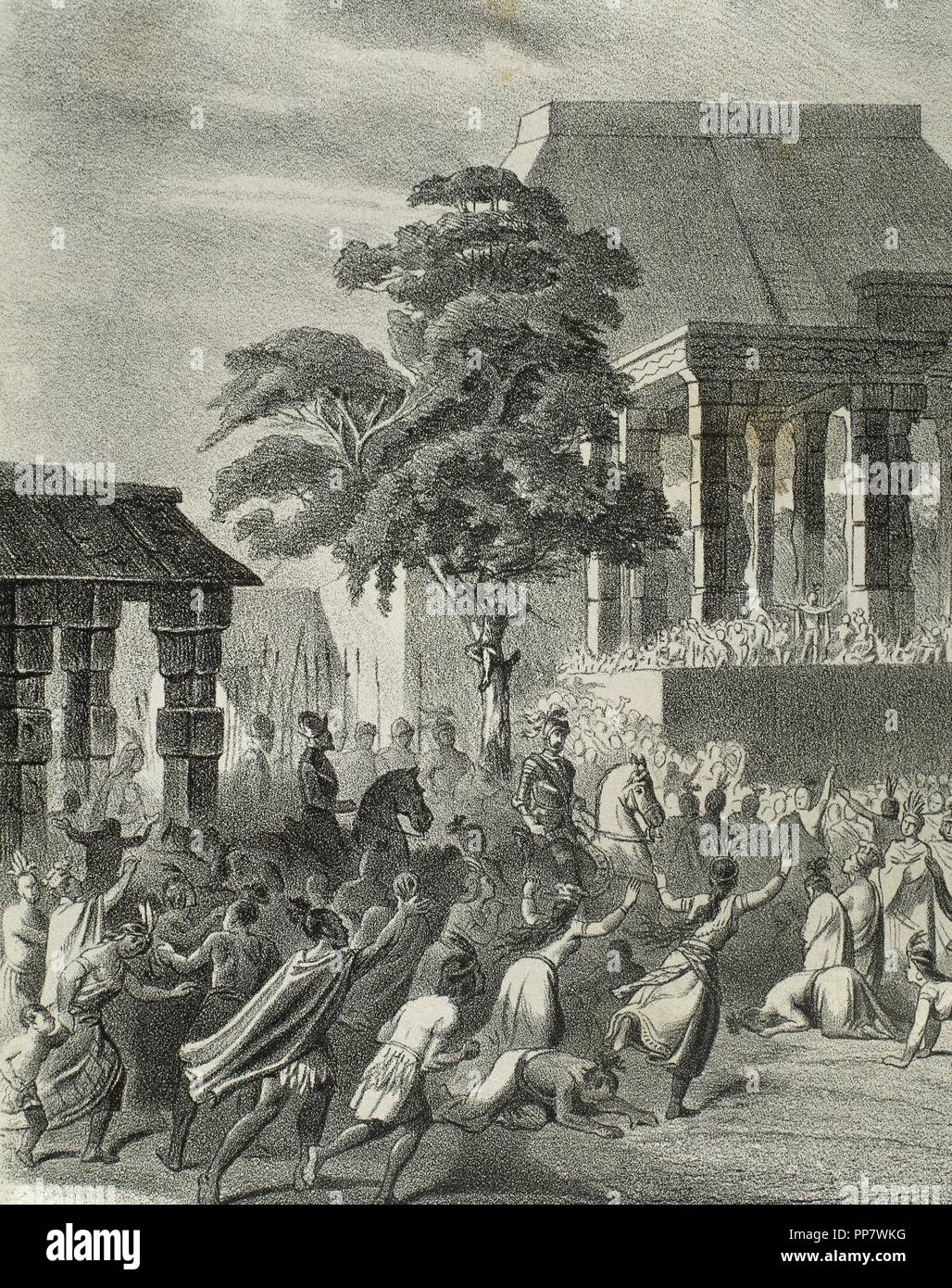 Spanish conquest of the Aztec Empire (1519-1521). Spaniards find regufe in Tlaxcala after suffered a lot of casualties fighting against the Aztecs in the Battle of Otumba in 1520. Engraving at 'Historia de Espan a', 19th century. Stock Photo