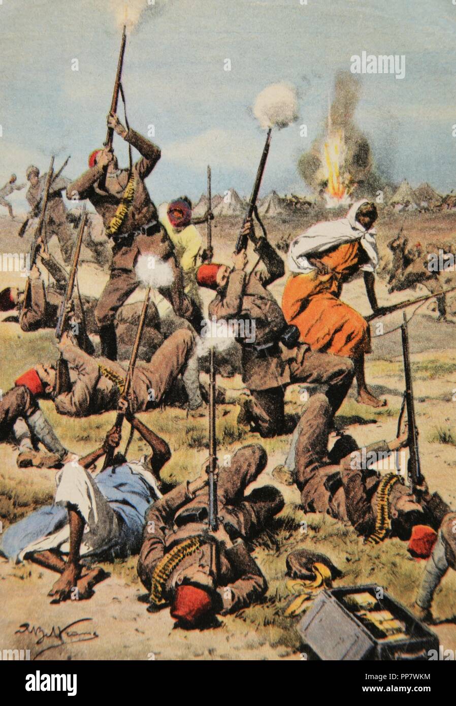War of Libya or Italo-Turkish War (1911-1912). Conflict between the Ottoman Empire and the Kingdom of Italy. Turkish soldiers fired in the air to take down the Italian aviation. Engraving of La Domenica del Corriere, Italy. Stock Photo