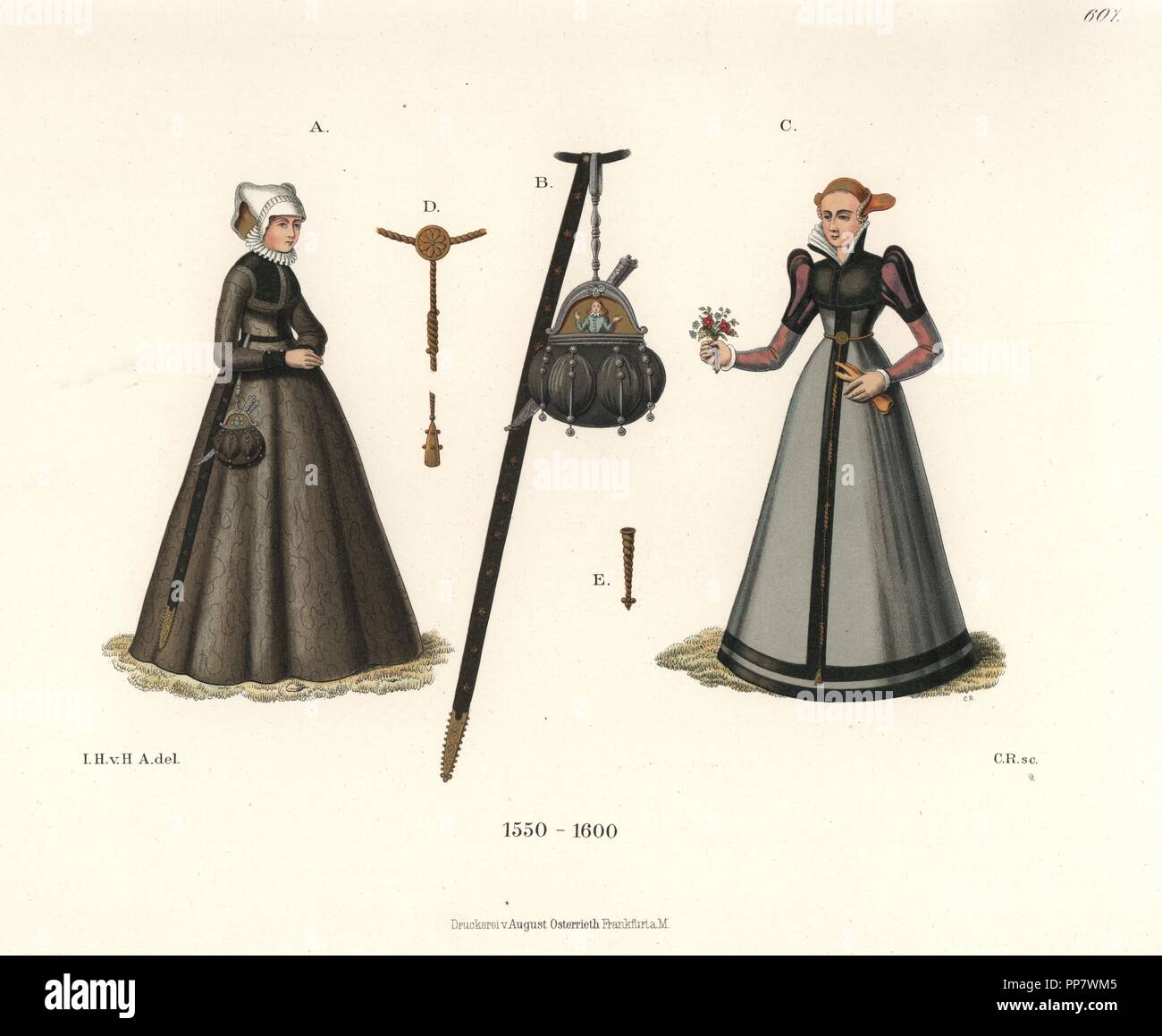 Craftswoman from Nuremberg with purse in the form of a castle with little man looking out, and woman from Cologne in golden girdle with bouquet of flowers, late 16th century. Chromolithograph from Hefner-Alteneck's Costumes, Artworks and Appliances from the Middle Ages to the 17th Century, Frankfurt, 1889. Illustration by Dr. Jakob Heinrich von Hefner-Alteneck, lithographed by C. Regnier. Dr. Hefner-Alteneck (1811-1903) was a German museum curator, archaeologist, art historian, illustrator and etcher. Stock Photo