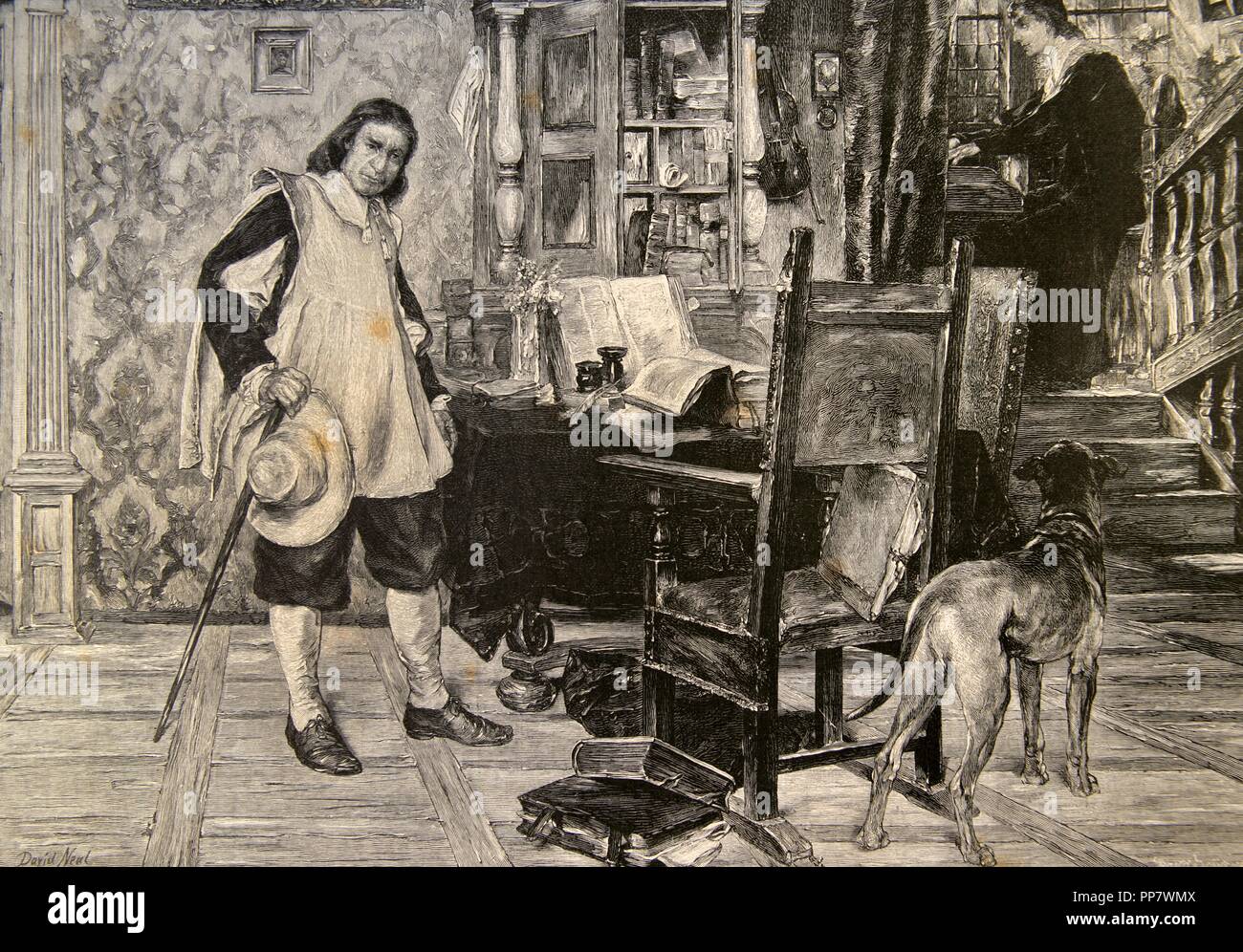 Oliver Cromwell (1599-1658). English military and political leader and later Lord Protector of the Commonwealth of England. Cromwell visiting  the English poet John Milton (1608-1674). Engraving by La Ilustracion Artistica, 1886. Stock Photo