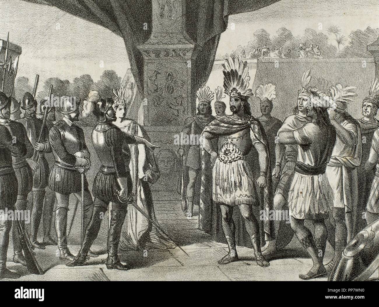 Moctezuma II (c. 1466 Ð 29 June 1520). Ninth tlatoani or ruler of Tenochtitlan, reigning from 1502 to 1520. Hernan Cortes takes prisoner Moctezuma II. Engraving, 1875. Stock Photo