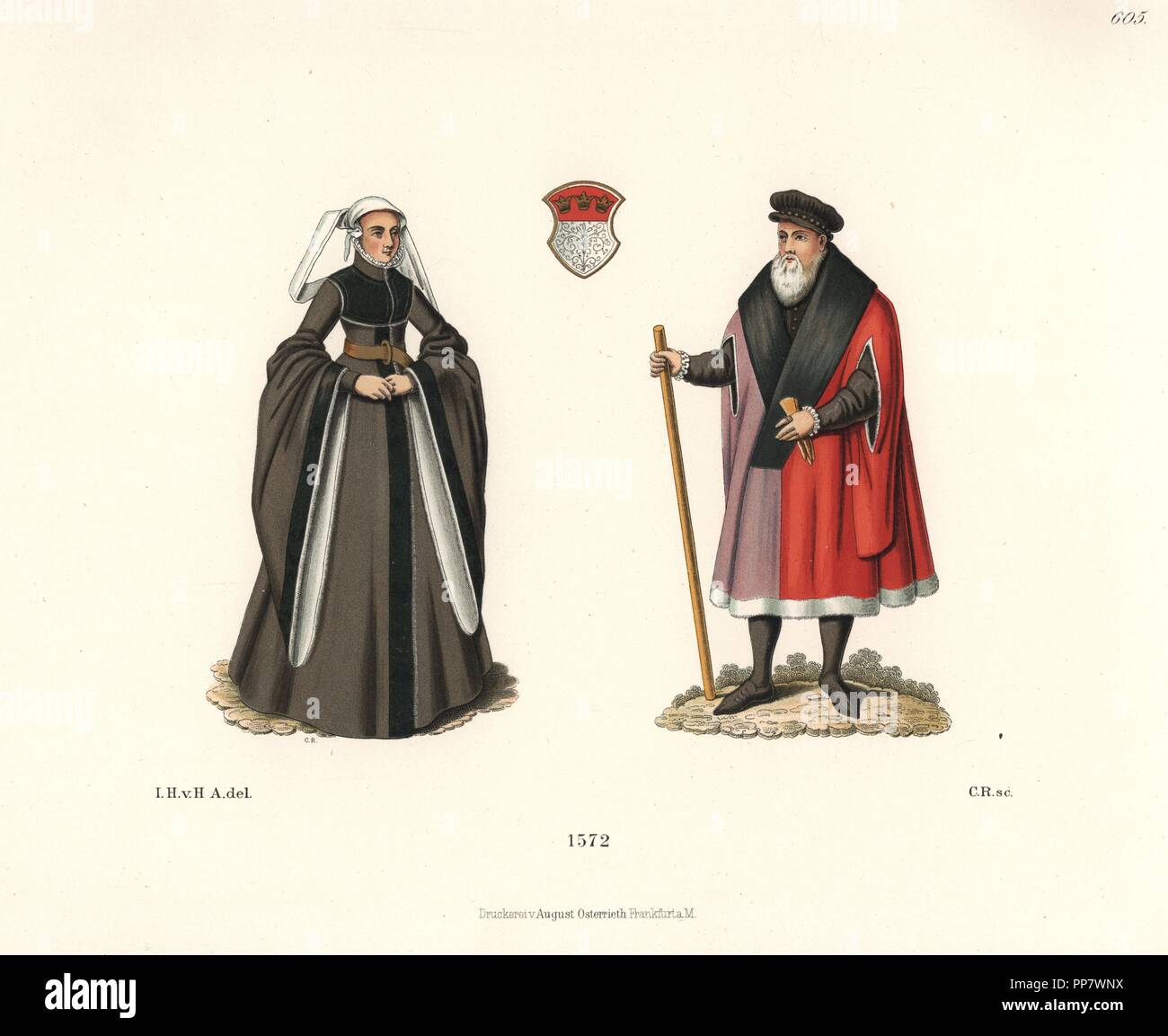 Bartholomeus Brun, burgher, and woman in veil and full-sleeved dress with gold belt, Cologne, 1572. From the Ducal Library at Darmstadt. Chromolithograph from Hefner-Alteneck's Costumes, Artworks and Appliances from the Middle Ages to the 17th Century, Frankfurt, 1889. Illustration by Dr. Jakob Heinrich von Hefner-Alteneck, lithographed by C. Regnier. Dr. Hefner-Alteneck (1811-1903) was a German museum curator, archaeologist, art historian, illustrator and etcher. Stock Photo