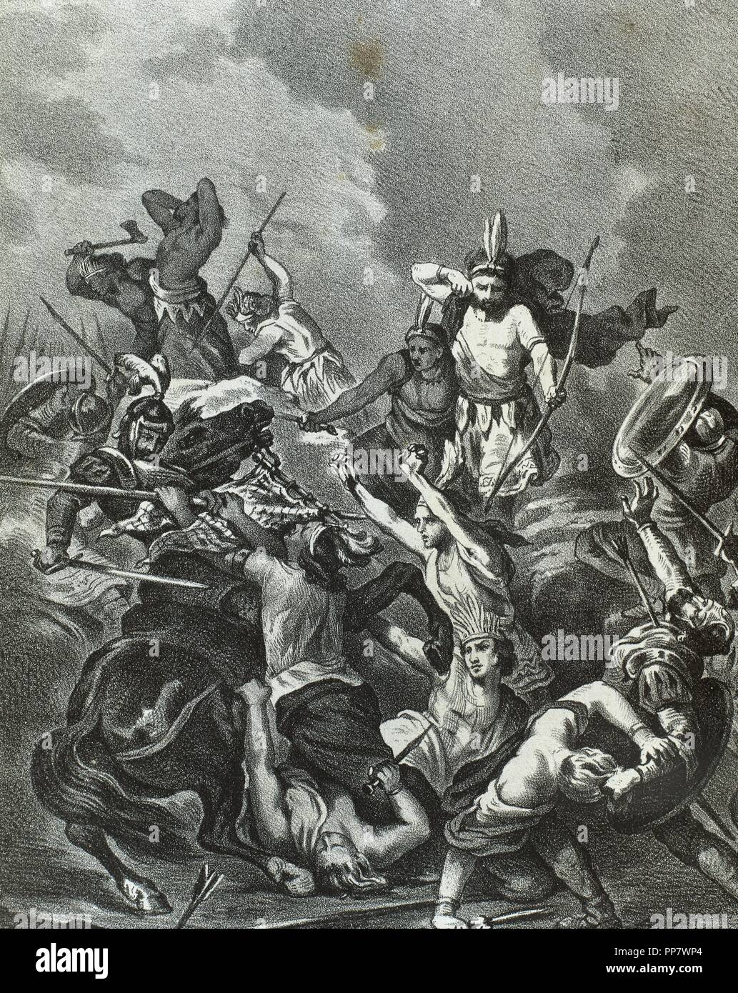 Spanish conquest of the Aztec Empire (1519-1521). Battle of Otumba, 1520. Engraving, 1875. Stock Photo