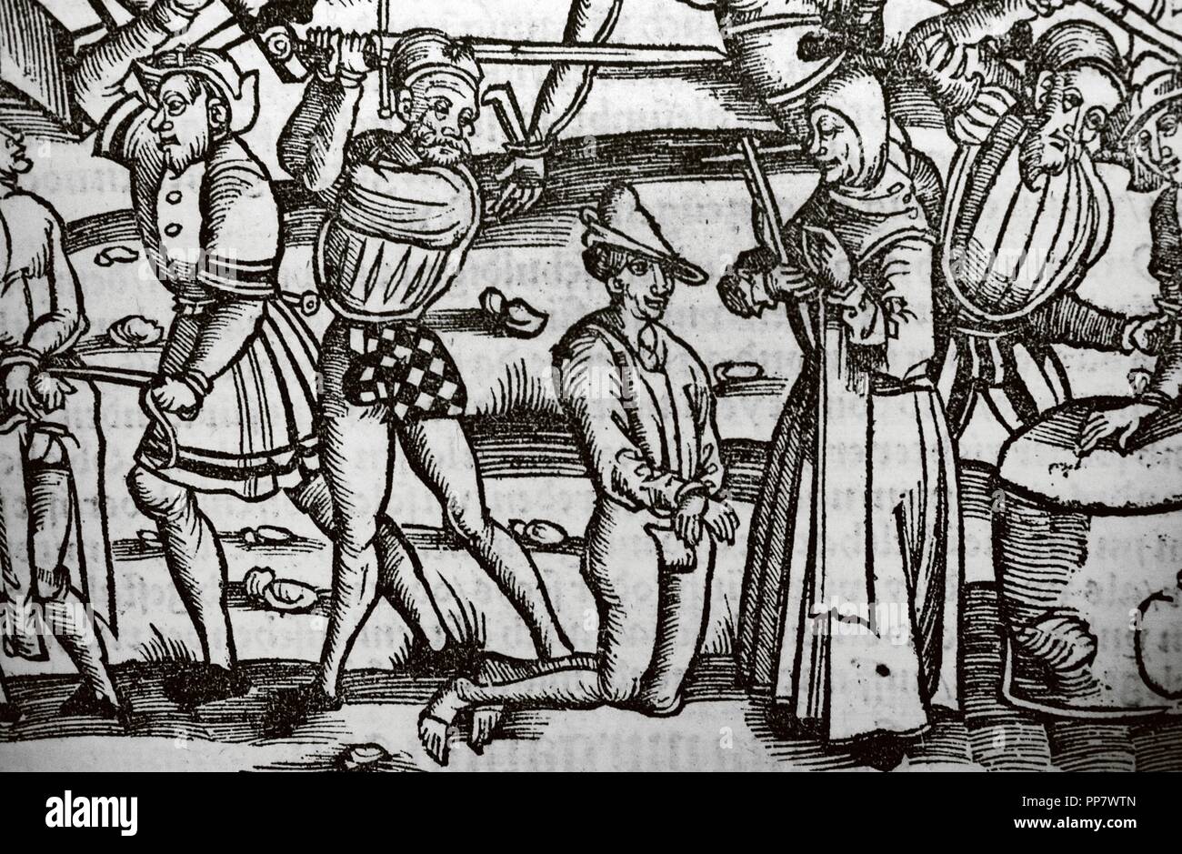 Different instruments of torture. Detail. Der neu Layenspiegel. By Ulrich Tengler (ca.1441-ca.1511), 1518. Engraving. Stock Photo