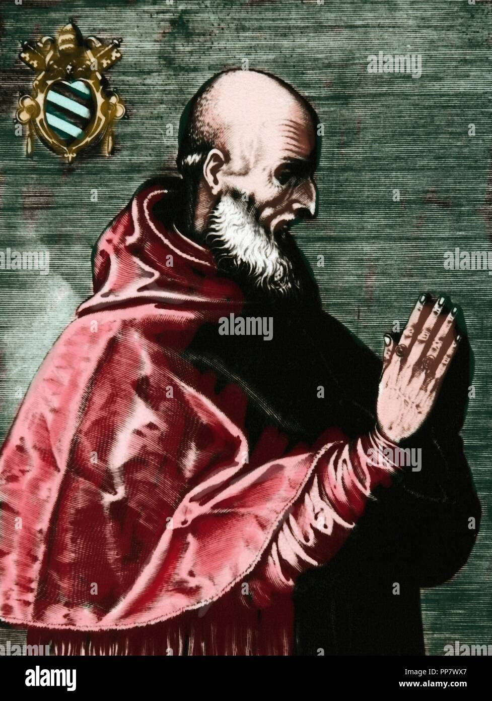 Pope Pius V (1504-1572). Born Antonio Ghisilieri (from 1518 called Michele Ghislieri). Pope from 1566-1572. Portrait. Engraving. Colored. Stock Photo