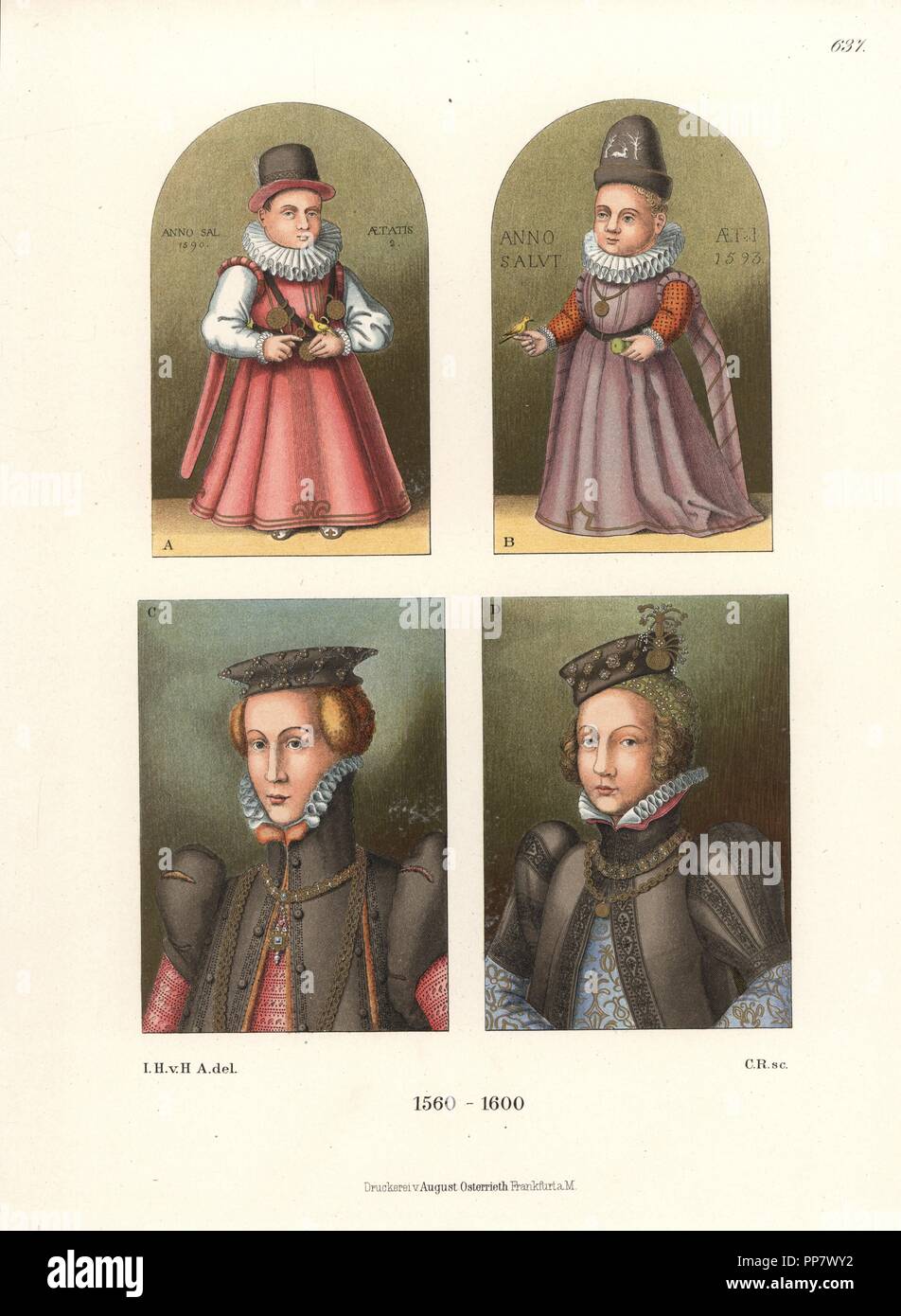 Oil paintings of children and women, late 16th century. Two-year old child A, one-year old child B, noble woman C, and Sabine of Wurttemberg, Landgravine of Hesse D. Chromolithograph from Hefner-Alteneck's Costumes, Artworks and Appliances from the Middle Ages to the 17th Century, Frankfurt, 1889. Illustration by Dr. Jakob Heinrich von Hefner-Alteneck, lithographed by C. Regnier. Dr. Hefner-Alteneck (1811-1903) was a German museum curator, archaeologist, art historian, illustrator and etcher. Stock Photo