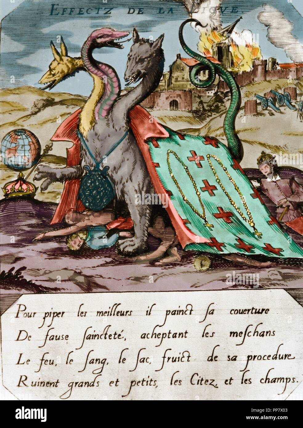 French Wars of Religion between French Catholics and Protestant (Huguenots). March 1562-April 1598. Propaganda print depicting Huguenot against the Catholic league,1594. Colored engraving. Stock Photo