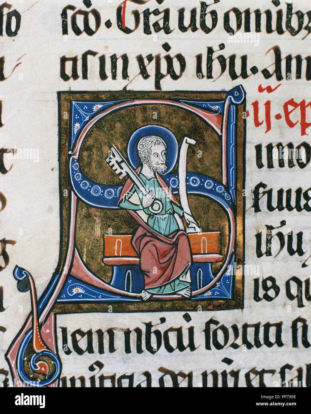 French Gothic initial. Sacral Bible. Volume IV. New Testament. Parchment manuscript, 385 x 255 mm (folio). Miniature depicting Saint Peter with the keys of paradise. Finished in February, 1268. From the Seu of Vic. Episcopal Museum of Vic, province of Barcelona, Catalonia, Spain. Stock Photo