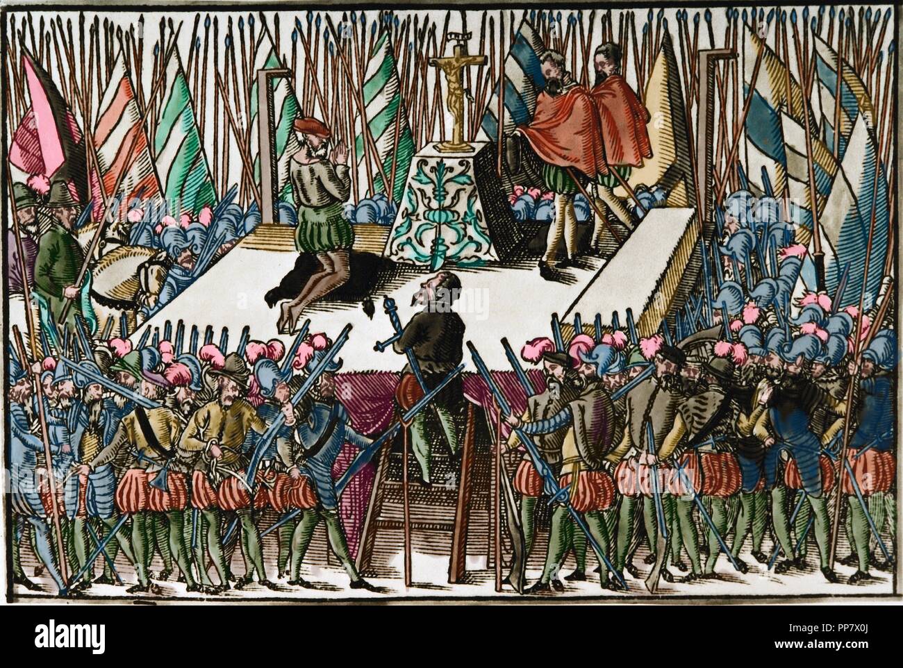 Eighty Year's War or Dutch of Independence 1568-1648. Execution of the Counts of Egmond and Hoorn, Brussels, 1568. Netherlands. Engraving. Colored. Stock Photo