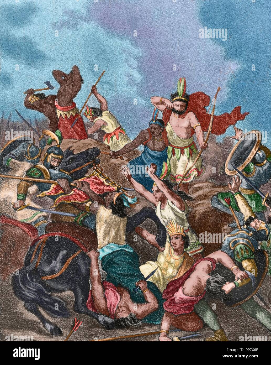 Spanish conquest of the Aztec Empire (1519-1521). Battle of Otumba, 1520. Engraving, 1875. Colored. Stock Photo