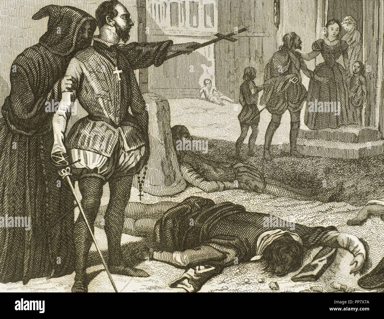 France. French Wars of Religion. St. Batholomew's Day massacre, 1572. Assassinations of Catholic violence against the Huguenots, the French Calvinist Protestants. Engraving. 19th century. Stock Photo