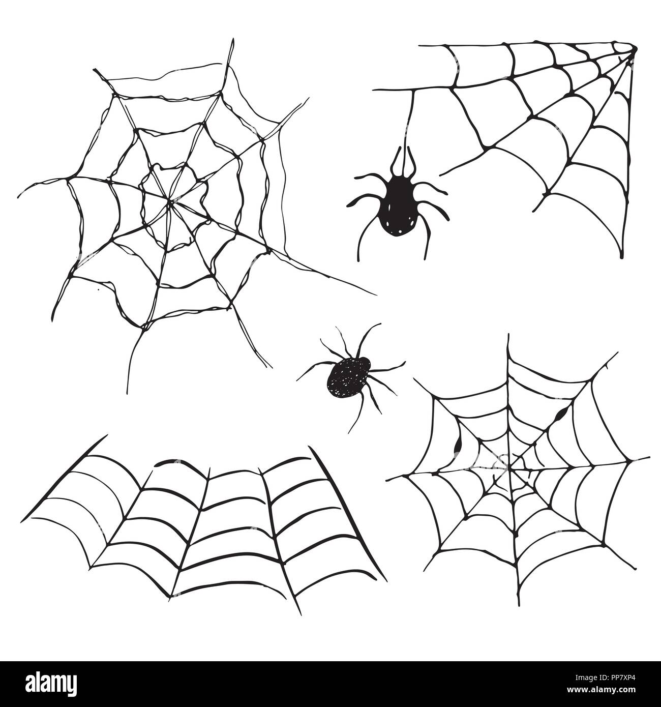 Spider web set Hand drawn sketched web vector illustration isolated on white background. Stock Vector