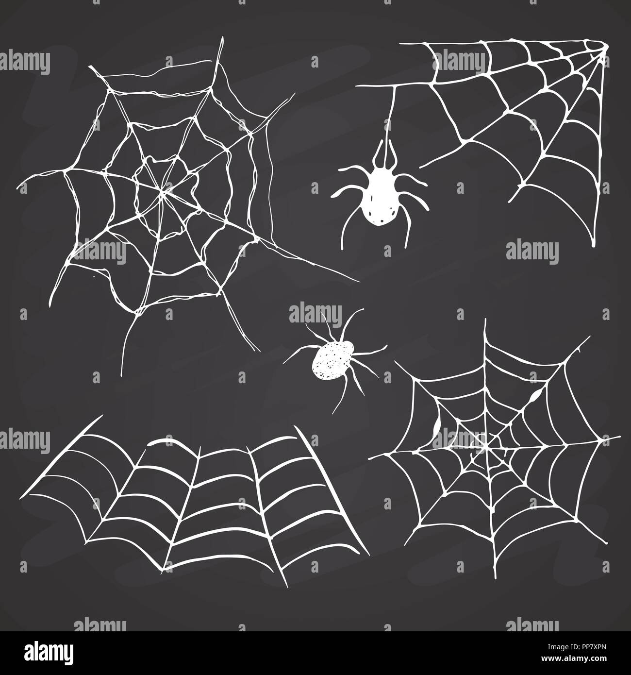 Spider web set Hand drawn sketched web vector illustration on chalkboard background. Stock Vector