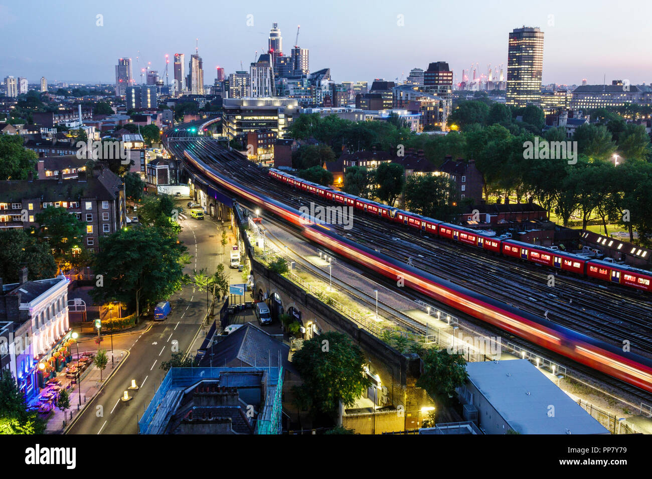 London England,UK,South Bank,Lambeth North Station,city skyline,night dusk,buildings,rooftops,overhead view,South Western Railway,near Waterloo Statio Stock Photo