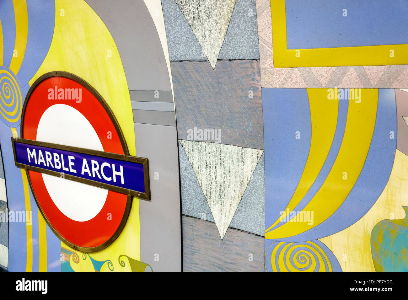 London England,UK,Marylebone,Marble Arch Underground Station train Tube subway tube,mass transit,inside interior,roundel,logo,artwork,UK GB English Eu Stock Photo