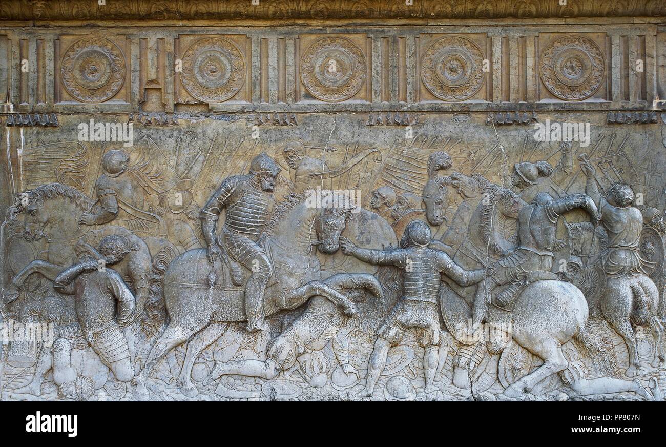 Emperor Charles V at the Battle of Pavia in 1525 (Italian War). Relief by Niccolo Da Corte, 1547. Facade of Palace of Charles V. Granada. Andalusia. Spain. Renaissance style. Stock Photo