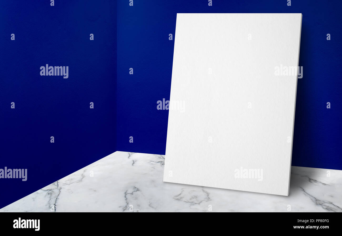 Download Blank Poster At Corner Vivid Blue Wall And White Marble Floor Studio Room With Background Mock Up Studio Room For Display Or Montage Of Product For Ad Stock Photo Alamy