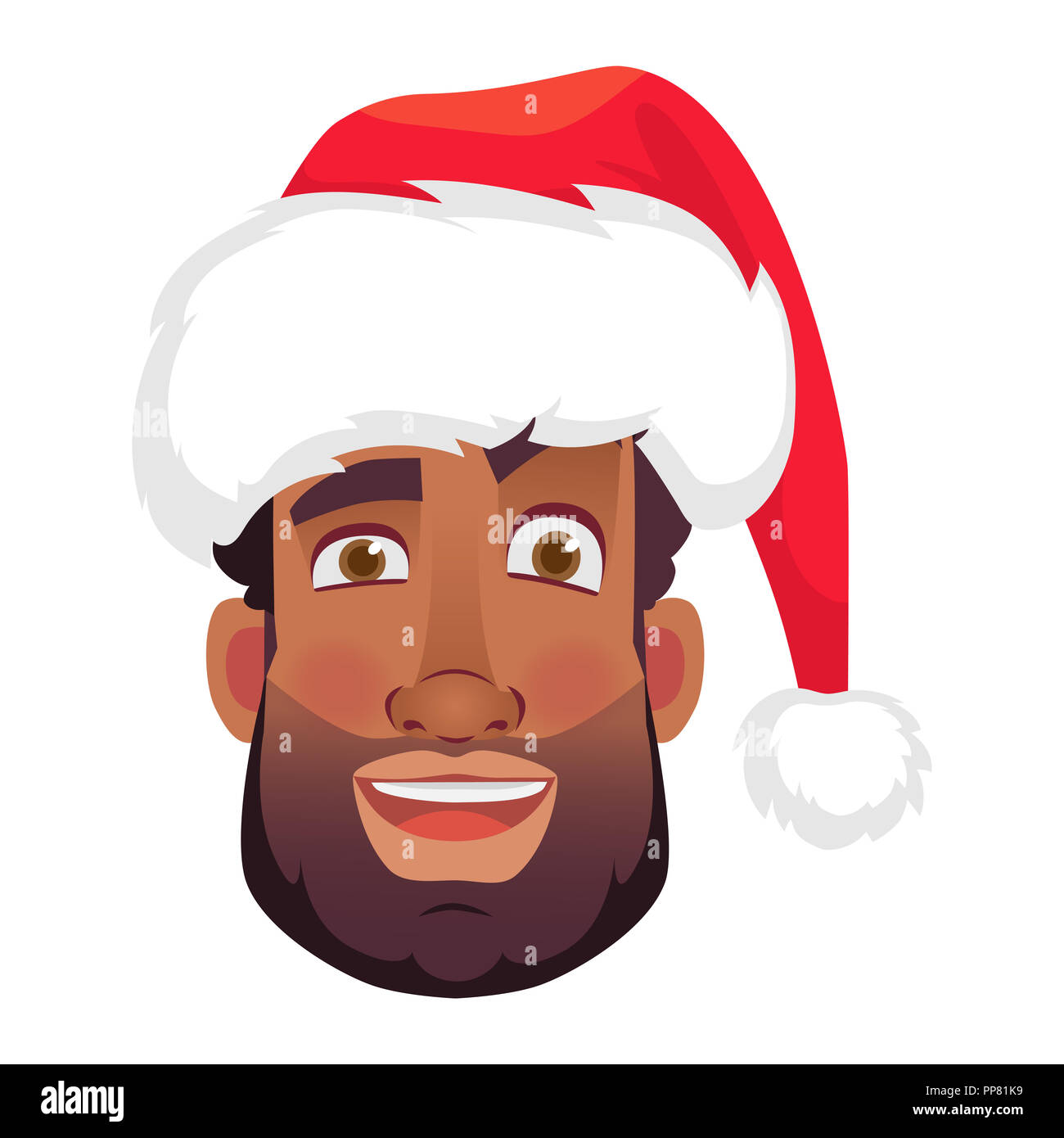 Head of African man in a Santa Claus hat. African american man face expression. Human emotions icon. Set of cartoon illustrations. Stock Photo