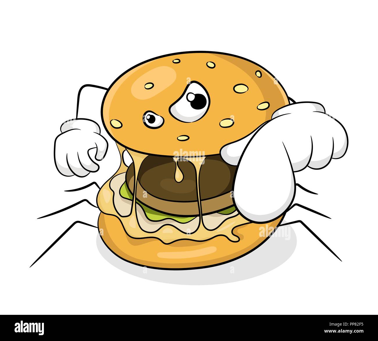 Fast food bad eating concept spider hamburger. Vector illustration. Stock Vector