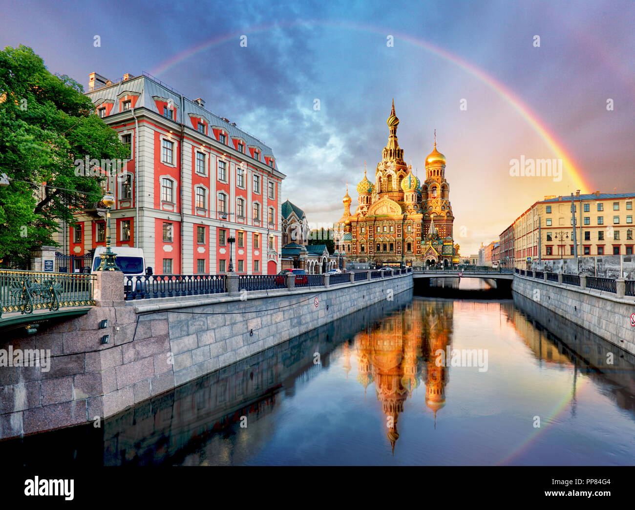 Russia, St. Petersburg - Church Saviour on Spilled Blood with rainbow Stock Photo