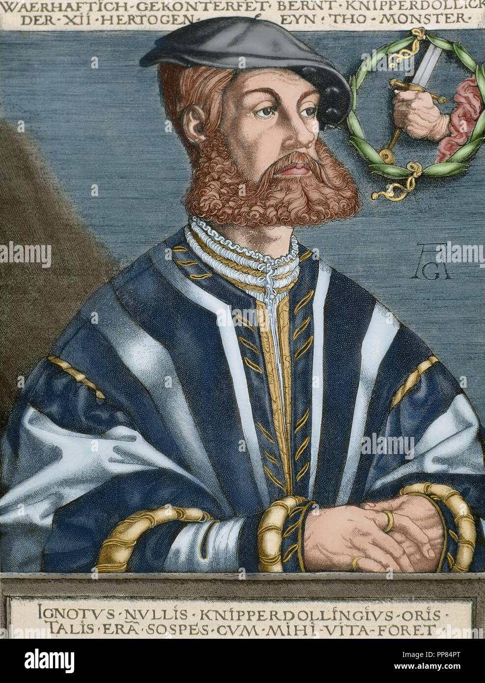 Bernhard Knipperdolling (c. 1495-1536). German leader of the Mu nster Anabaptists. Portrait. Engraving by Heinrich Aldegrever (1502-1555 or 1561). Colored. Stock Photo