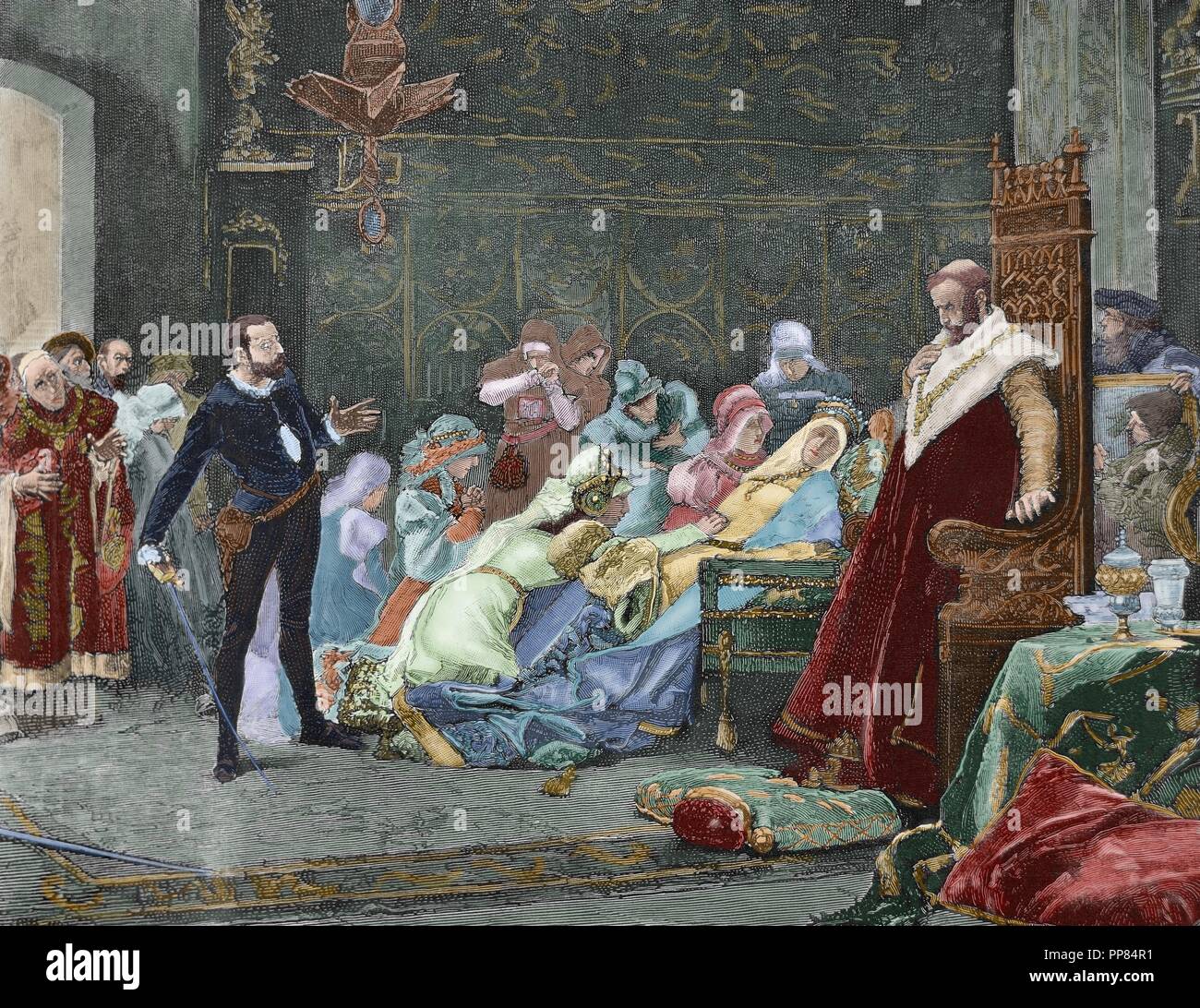 William Shakespeare (1564-1616). English writer. Hamlet. Queen Gertrude dies poisoned after drinking to the health of Hamlet for his victory in the duel with Laertes. Engraving after painting by Salvador Sanchez Barbudo 'The last scene of Hamlet,' 1884. Engraving, 19th century. Colored. Stock Photo