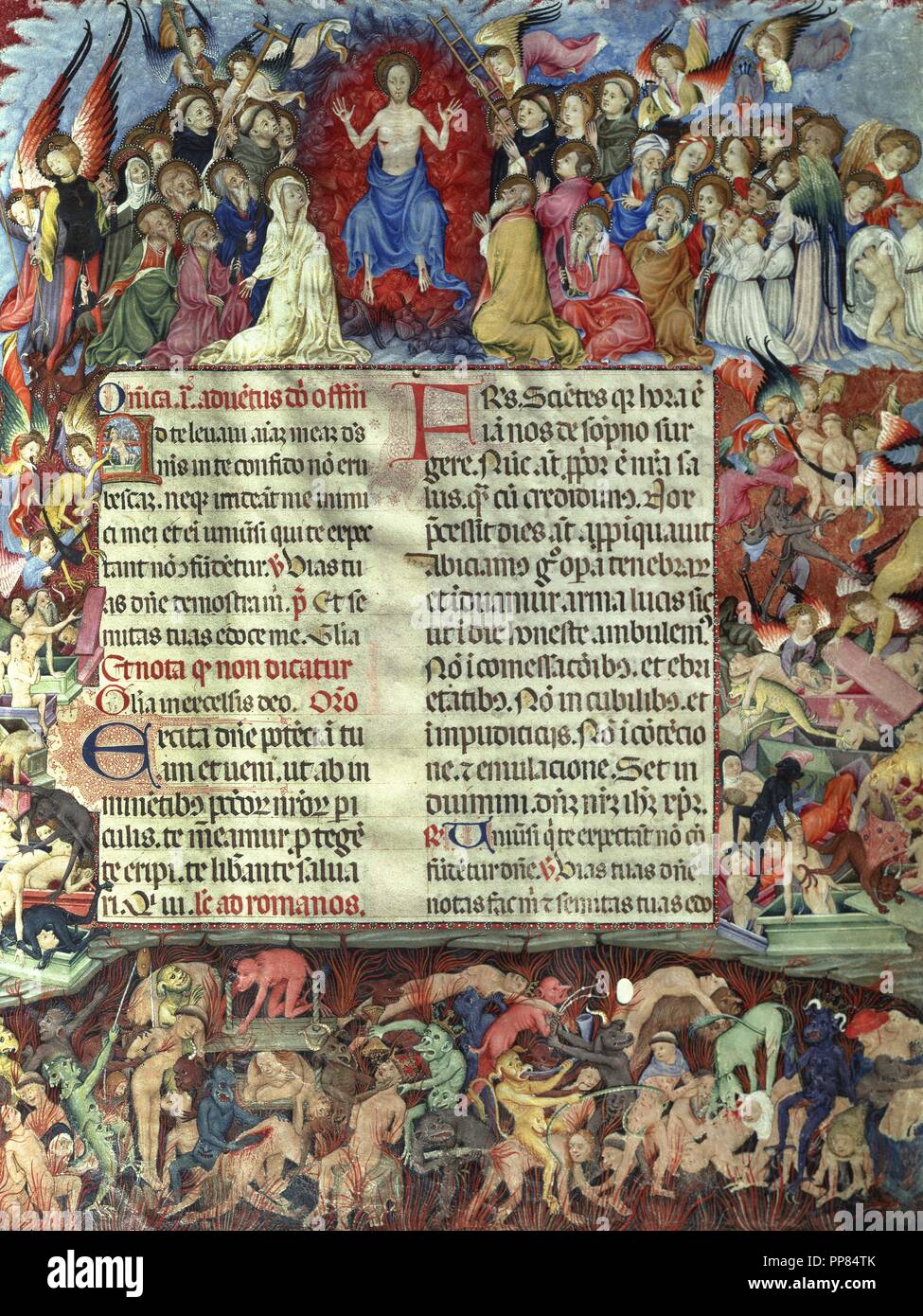 Missal. of St. Eulalia. Liturgical book, C. 1403. By Rafael Destorrents (1375-15th century). 1st folio. Last Judgment. Archive of Barcelona Cathedral. Catalonia. Spain. Stock Photo