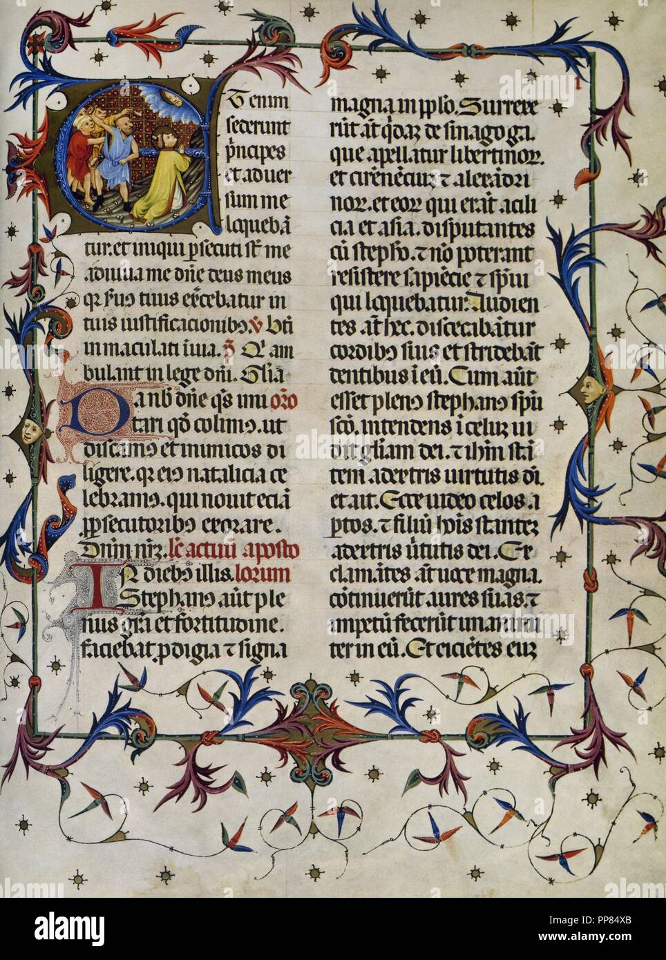 Missal. of St. Eulalia. Liturgical book, C. 1403. By Rafael Destorrents (1375-15th century). 1st folio. Martyrdom of St. Stephen, stoned to death. Archive of Barcelona Cathedral. Catalonia. Spain. Stock Photo